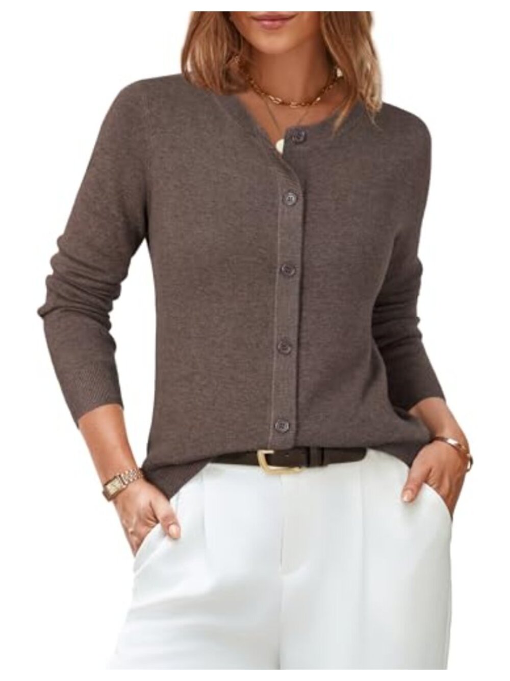 Wool Blend Cardigan Sweater Business Casual Crew Neck